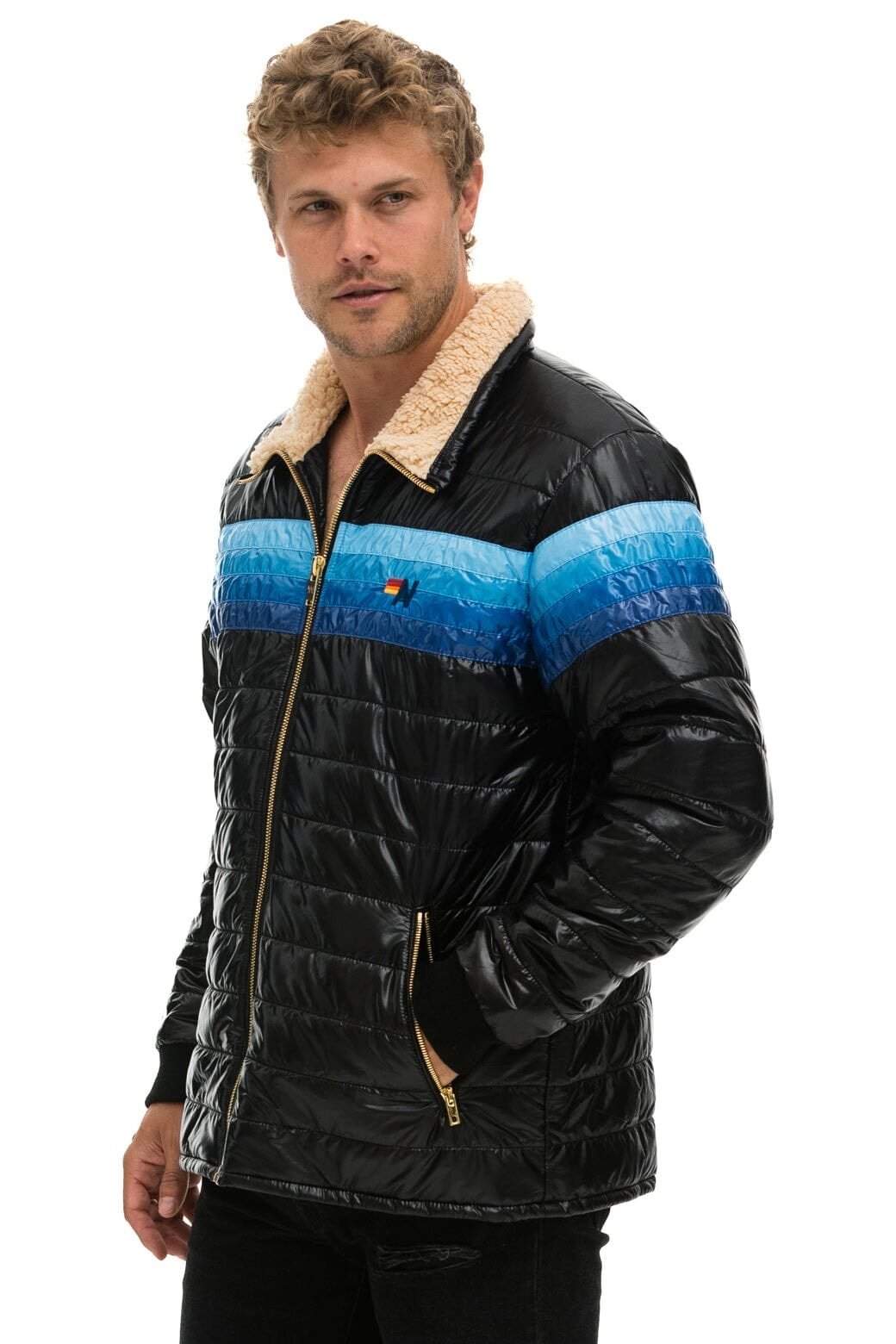 Alternative view of 4 STRIPE JACKET -  GLOSSY BLACK // BLUE