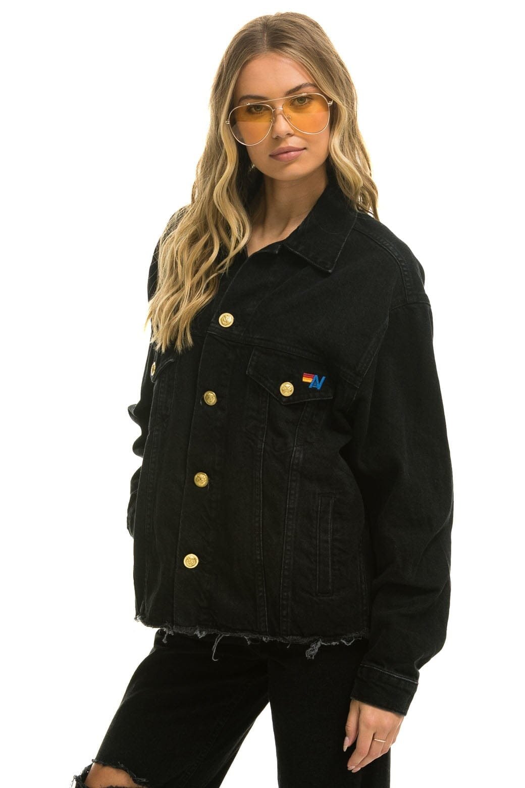 RAINBOW BOLT OVERSIZED CROP DENIM JACKET - VINTAGE BLACK - 图片 7