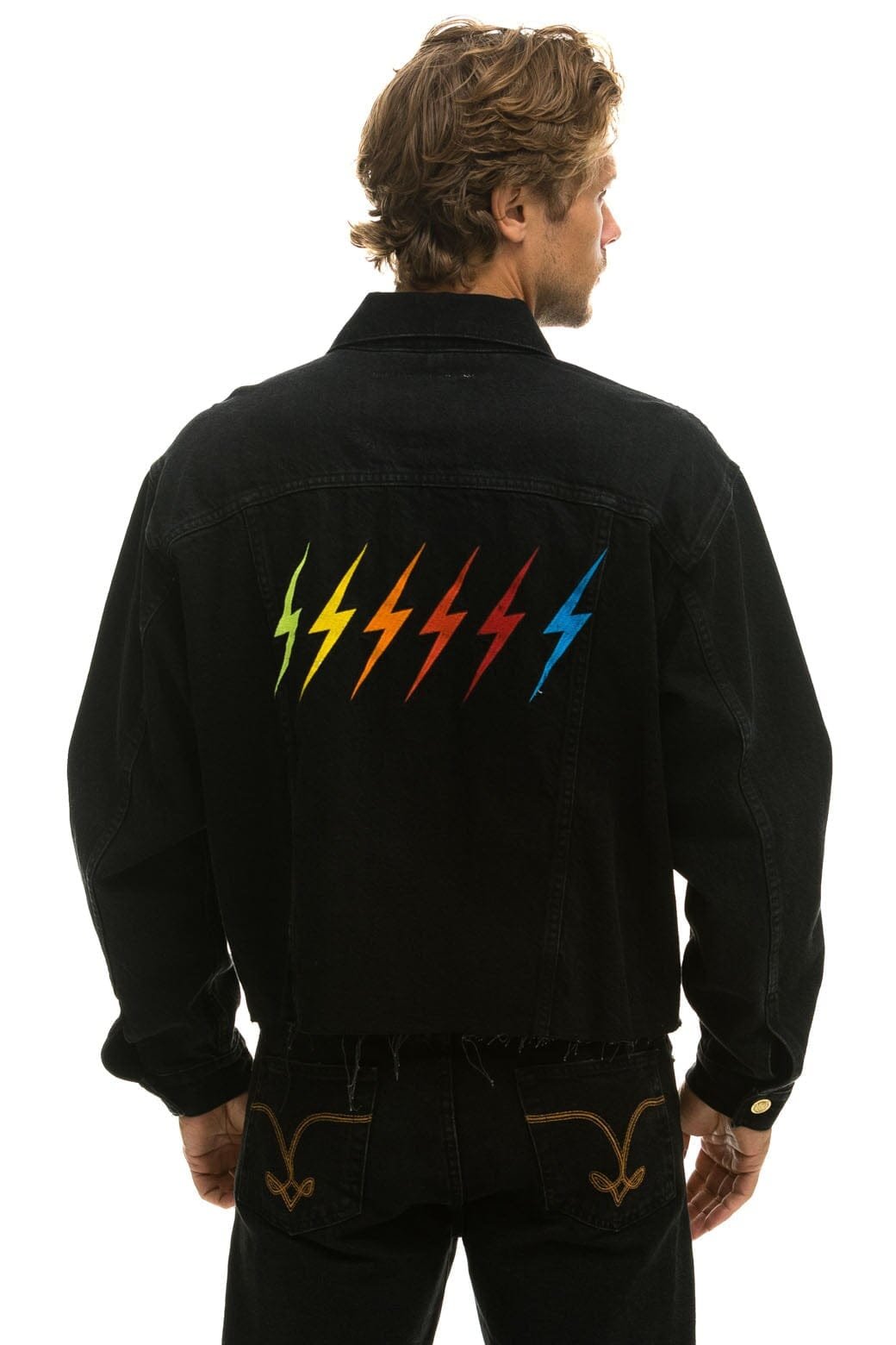 Alternative view of RAINBOW BOLT OVERSIZED CROP DENIM JACKET - VINTAGE BLACK