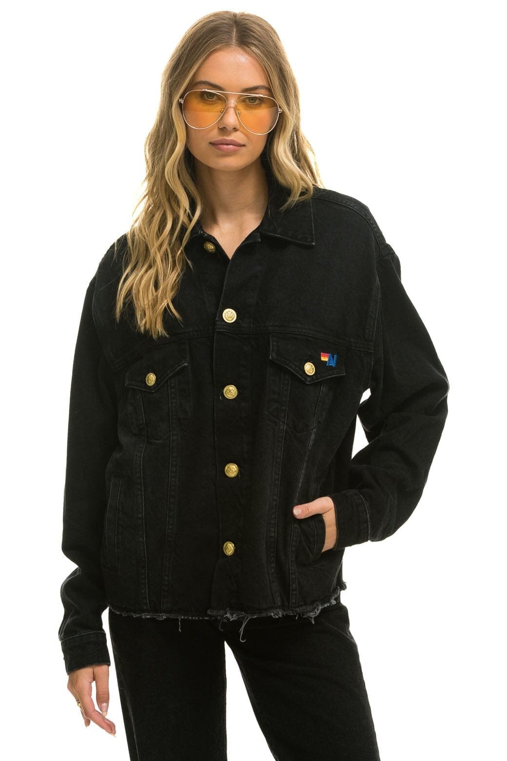 RAINBOW BOLT OVERSIZED CROP DENIM JACKET - VINTAGE BLACK - 图片 3