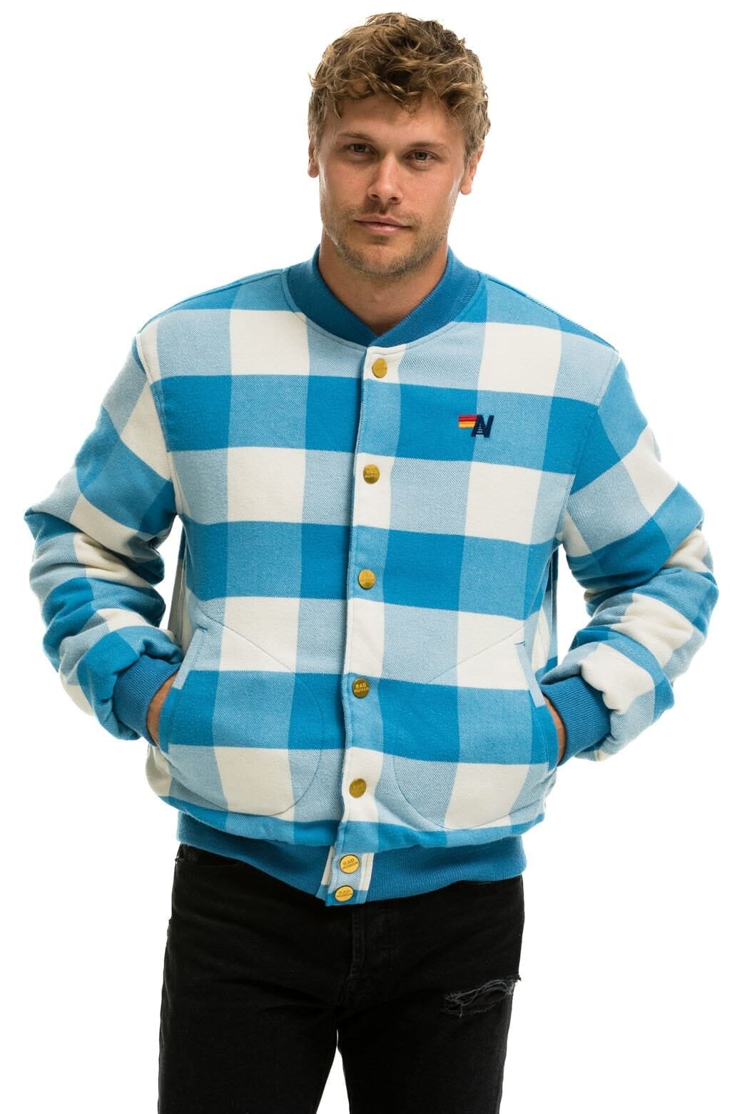 PLAID UNISEX VARSITY JACKET - SKY PLAID - 图片 9
