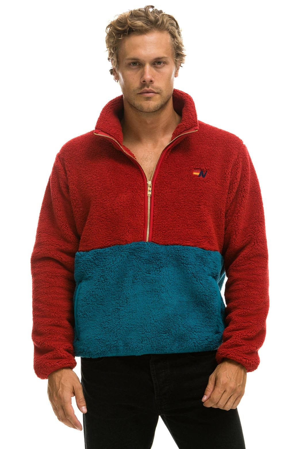 Alternative view of TEDDY UNISEX HALF ZIP COLOR BLOCK JACKET - CHERRY