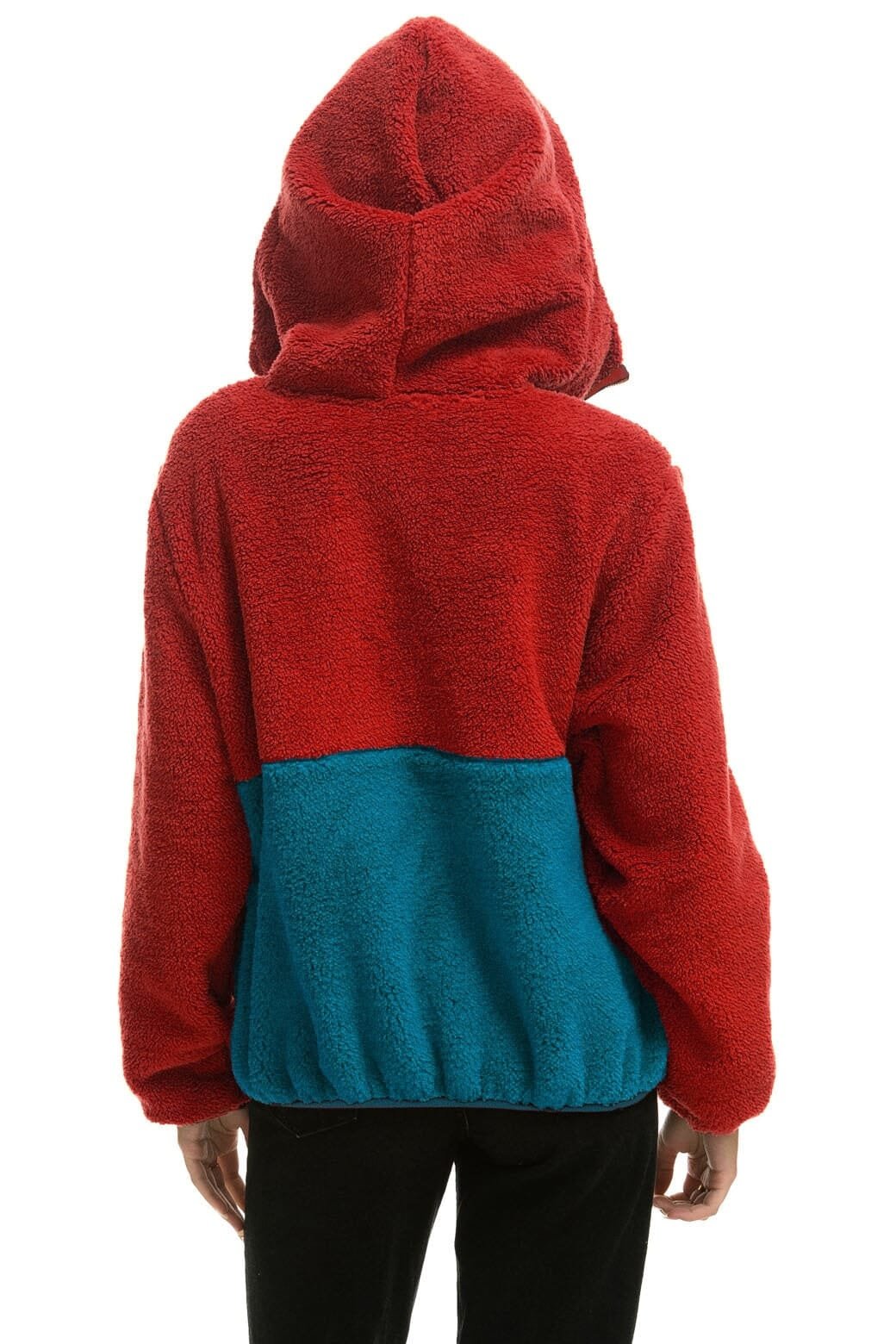 Alternative view of TEDDY UNISEX HOODED HALF ZIP COLOR BLOCK JACKET - CHERRY