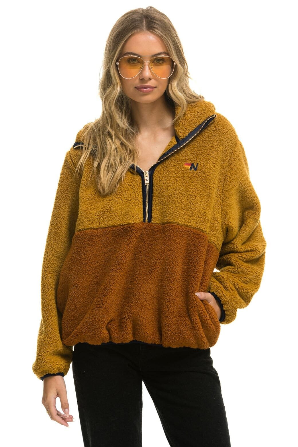 Alternative view of TEDDY APRES HOODED HALF ZIP COLOR BLOCK JACKET - HONEY