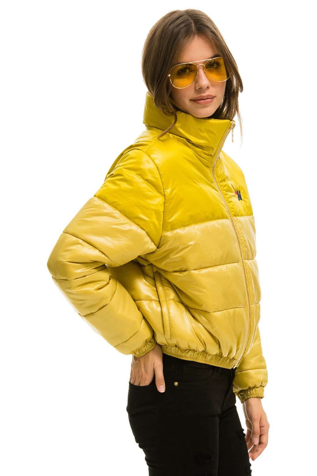 COLOR BLOCK HALF AND HALF APRES PUFFER JACKET - HONEY GLOSSY - Image 4