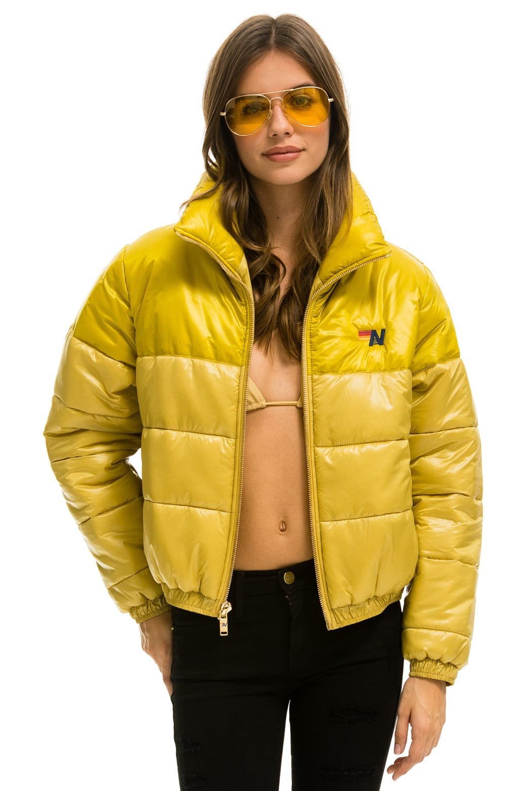 COLOR BLOCK HALF AND HALF APRES PUFFER JACKET - HONEY GLOSSY - Image 6