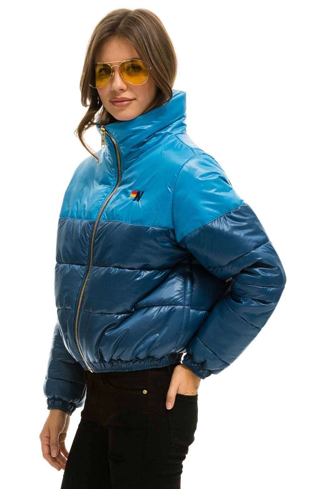 Alternative view of COLOR BLOCK HALF AND HALF APRES PUFFER JACKET - OCEAN GLOSSY