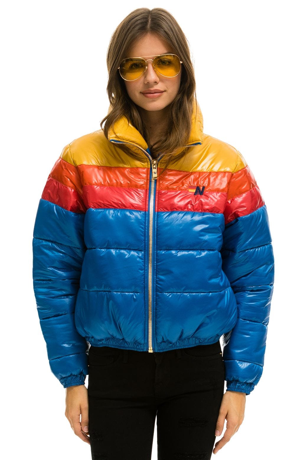COLOR BLOCK LUXE APRES PUFFER JACKET - GLOSSY SNORKEL BLUE